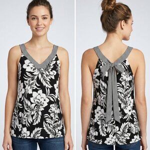 Tommy Bahama Floral Halter Tank Top Black White Striped Trim M